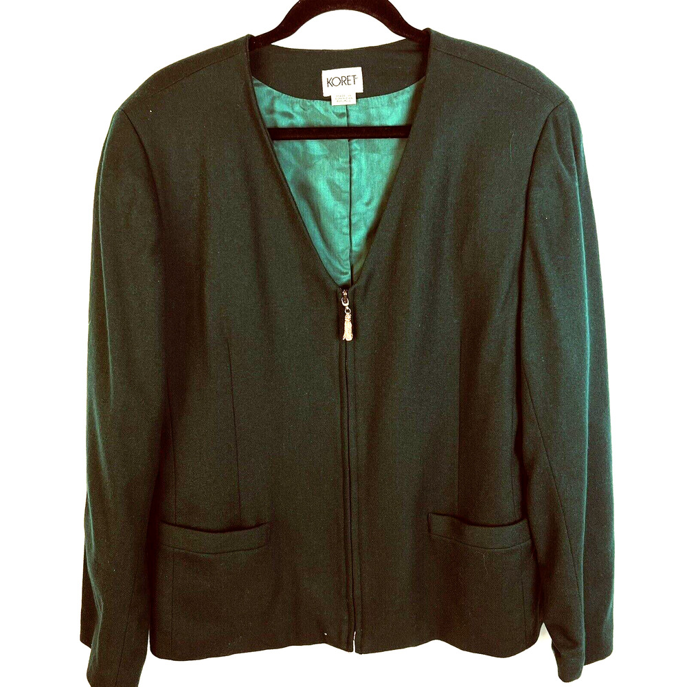 Koret Blazer Women’s 14 Dark Green Wool Zip Front Jacket Lined Business Work